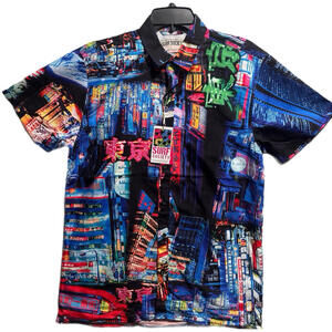 Surf Society Tokyo Neon City Graphic Button Shirt Men’s Large NWT Streetwear